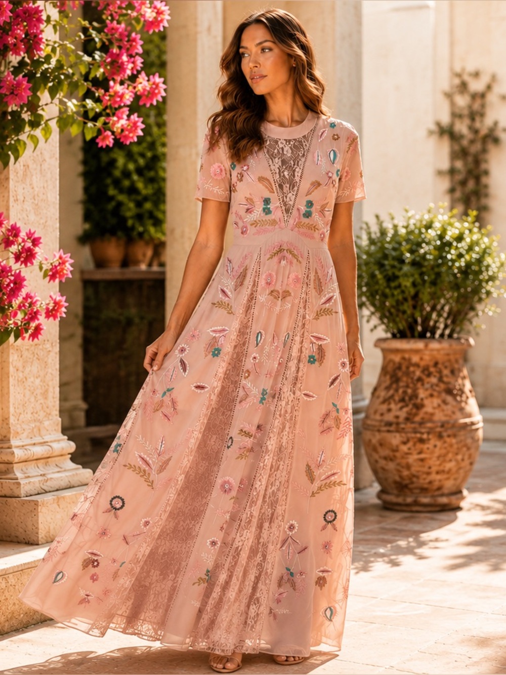 NWT FROCK & FRILL Dusky Pink Beaded Embroidered Lace Maxi Dress Gown Size US 6